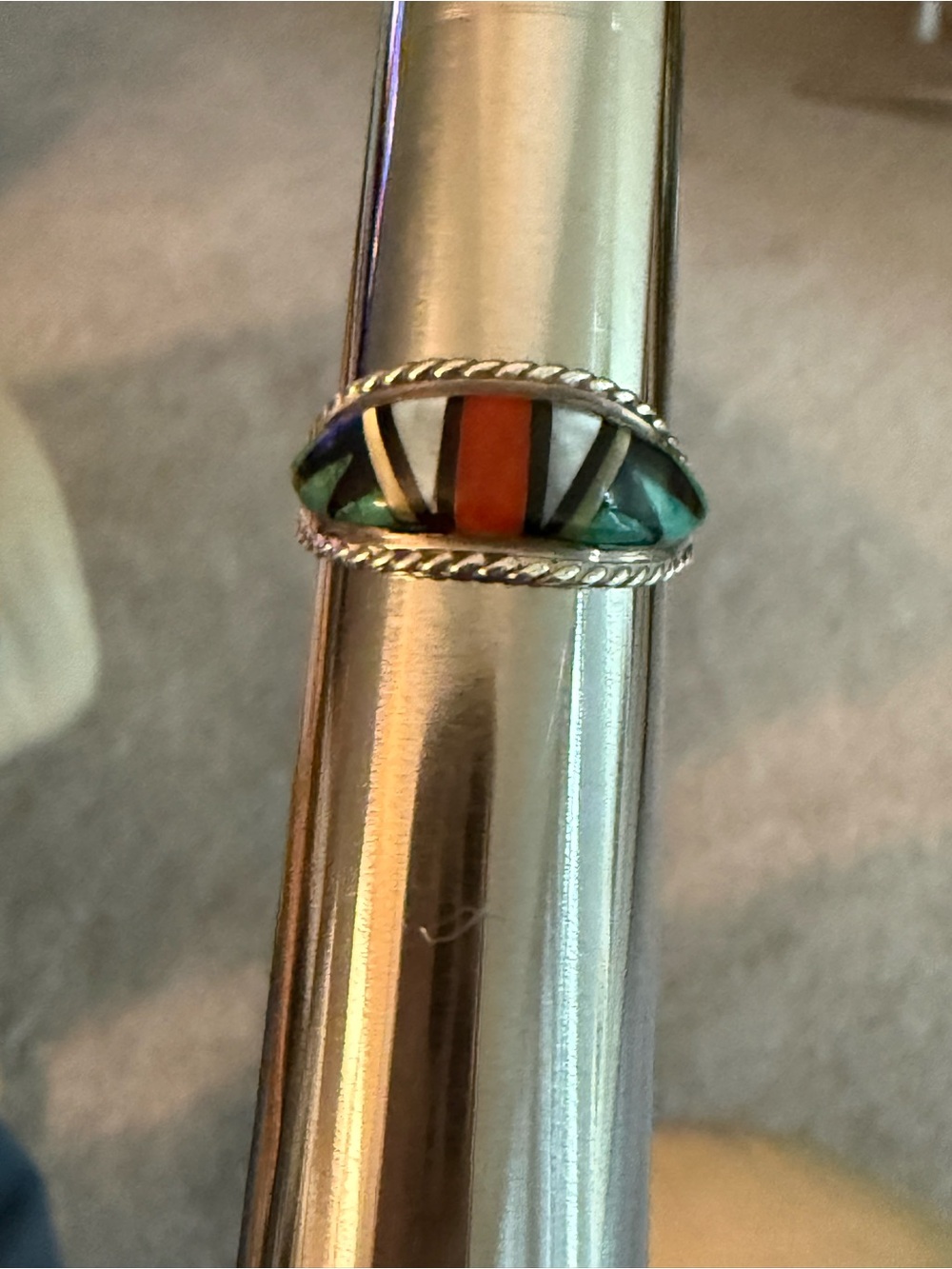 Vintage Zuni Sterling Silver 925 Inlay Ring Turquoise MOP Coral Onyx Size 7